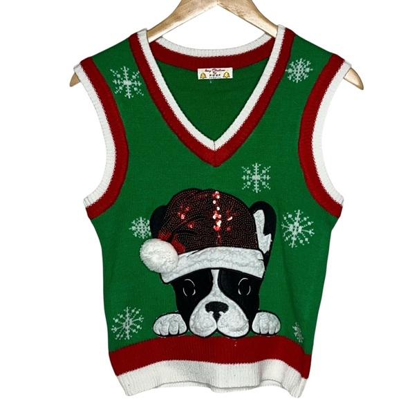Merry Christmas POOF black white green red Frenchie bulldog sweater vest small s - Picture 7 of 7